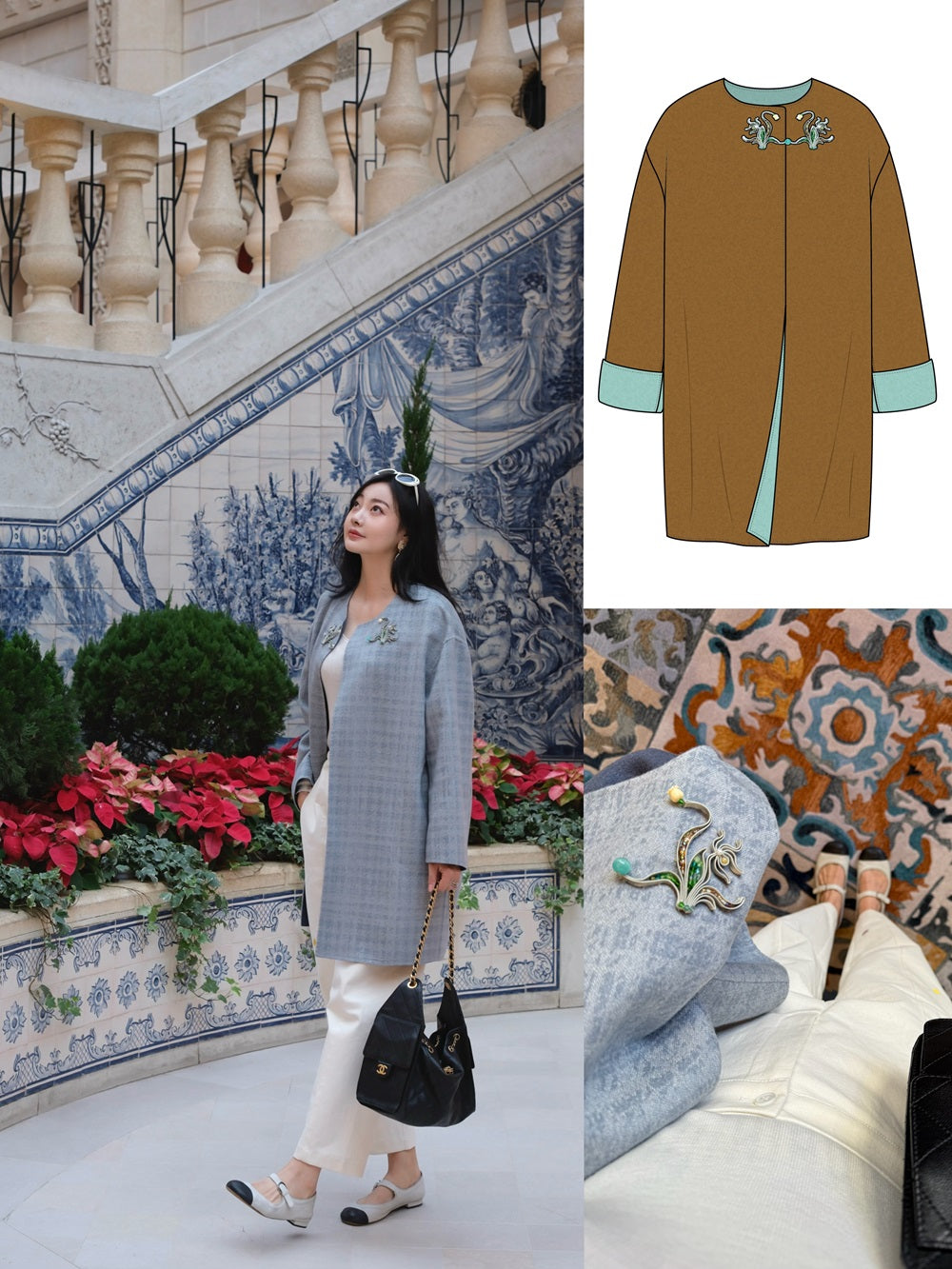 意大利LP品牌100%纯羊绒双面双色卷草花纹盘扣外套