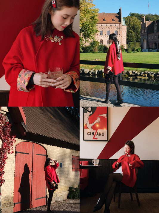 福禄正红100%水波纹山羊绒拼接陆美英名家宋锦幸运葫芦花纹袖口外套