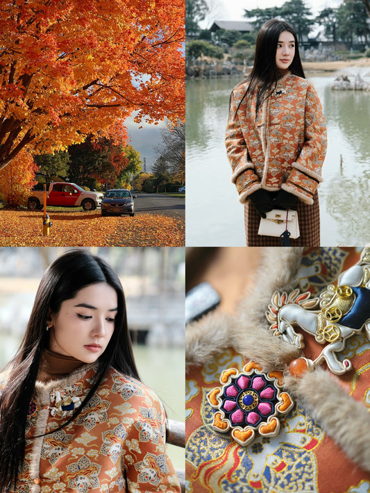 钱小萍云驹踏瑞马年限定名家宋锦拼接水貂毛夹棉（骆驼绒）外套