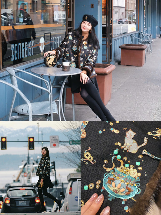 李德喜招财猫名家宋锦聚宝盆订珠拼接水貂毛夹棉（骆驼绒）外套