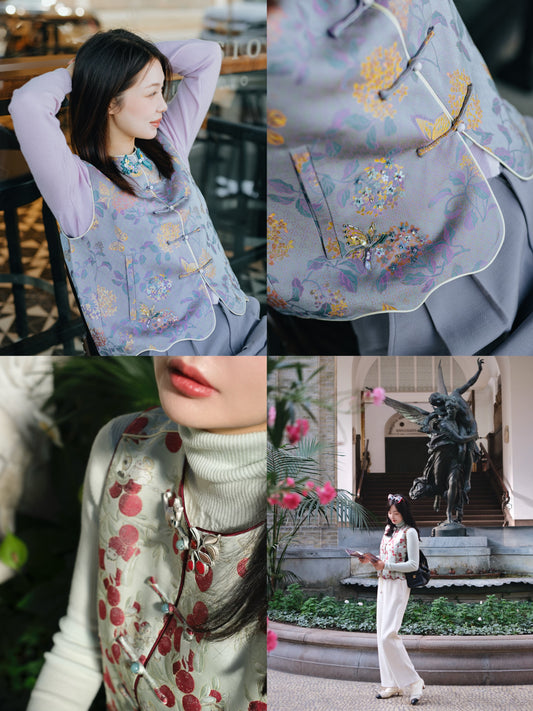 钱小萍蝴蝶绣球花/姑胥杨梅仙子名家宋锦花瓣边手缝钻饰背心马甲