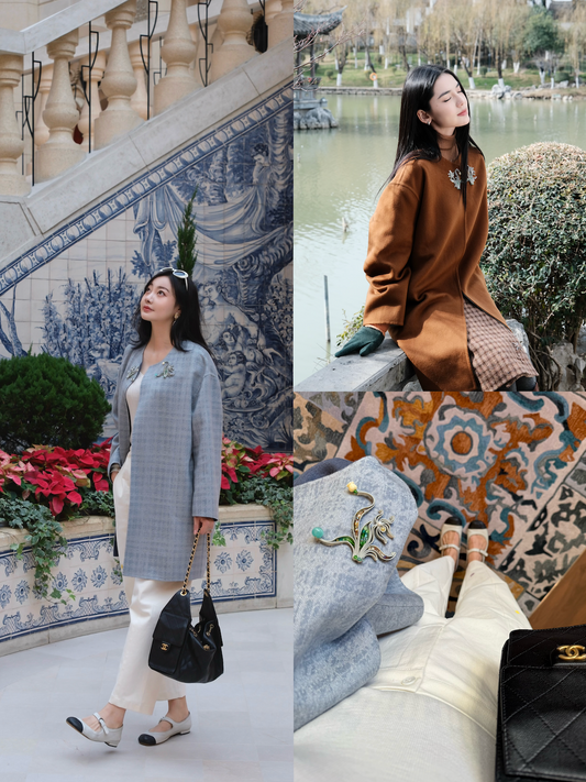 意大利LP品牌100%纯羊绒双面双色卷草花纹盘扣外套